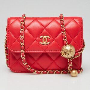 Chanel Red Quilted Lambskin Leather Pearl Crush Mini Clutch Chain Bag